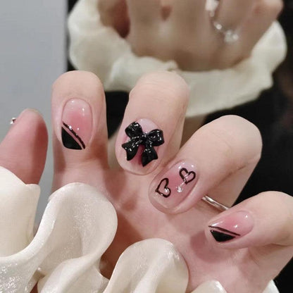 [SPRING MEGA SALE] Pink Blush with Black Hearts and Bowtie Short Press On Nails - Belle Rose Nails