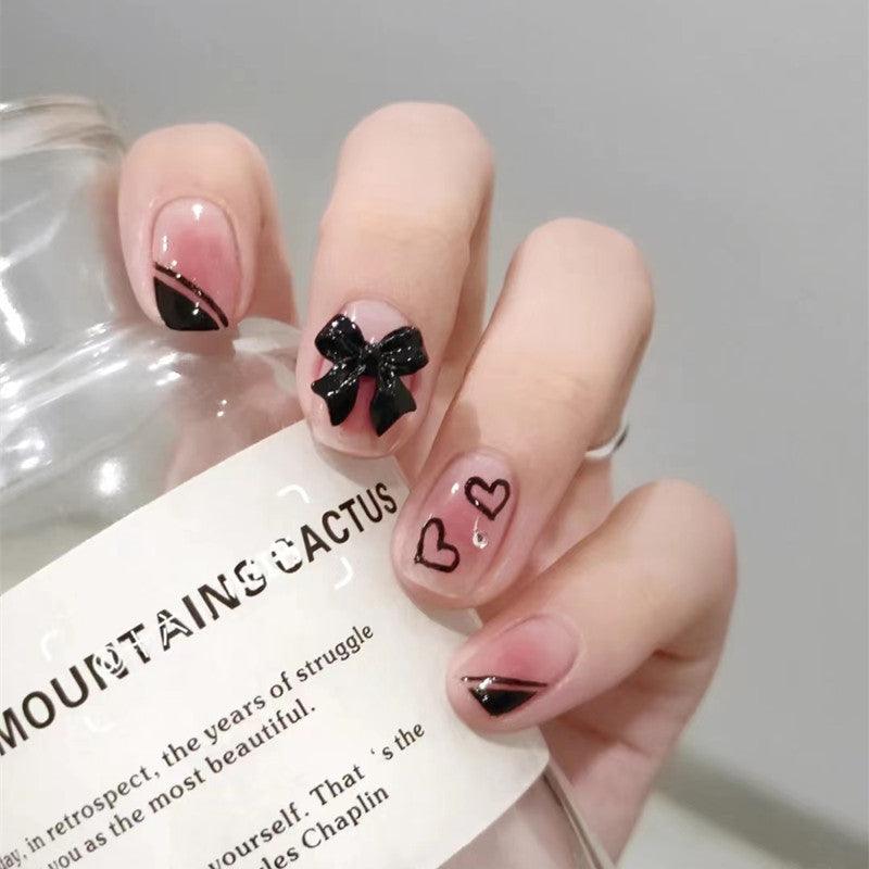 [BF SALE] Pink Blush with Black Hearts and Bowtie Short Press On Nails