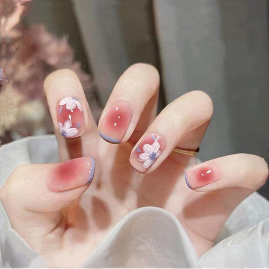 Pink Painted Flower Blue French Style Short Press-On Nails - Belle Rose Nails