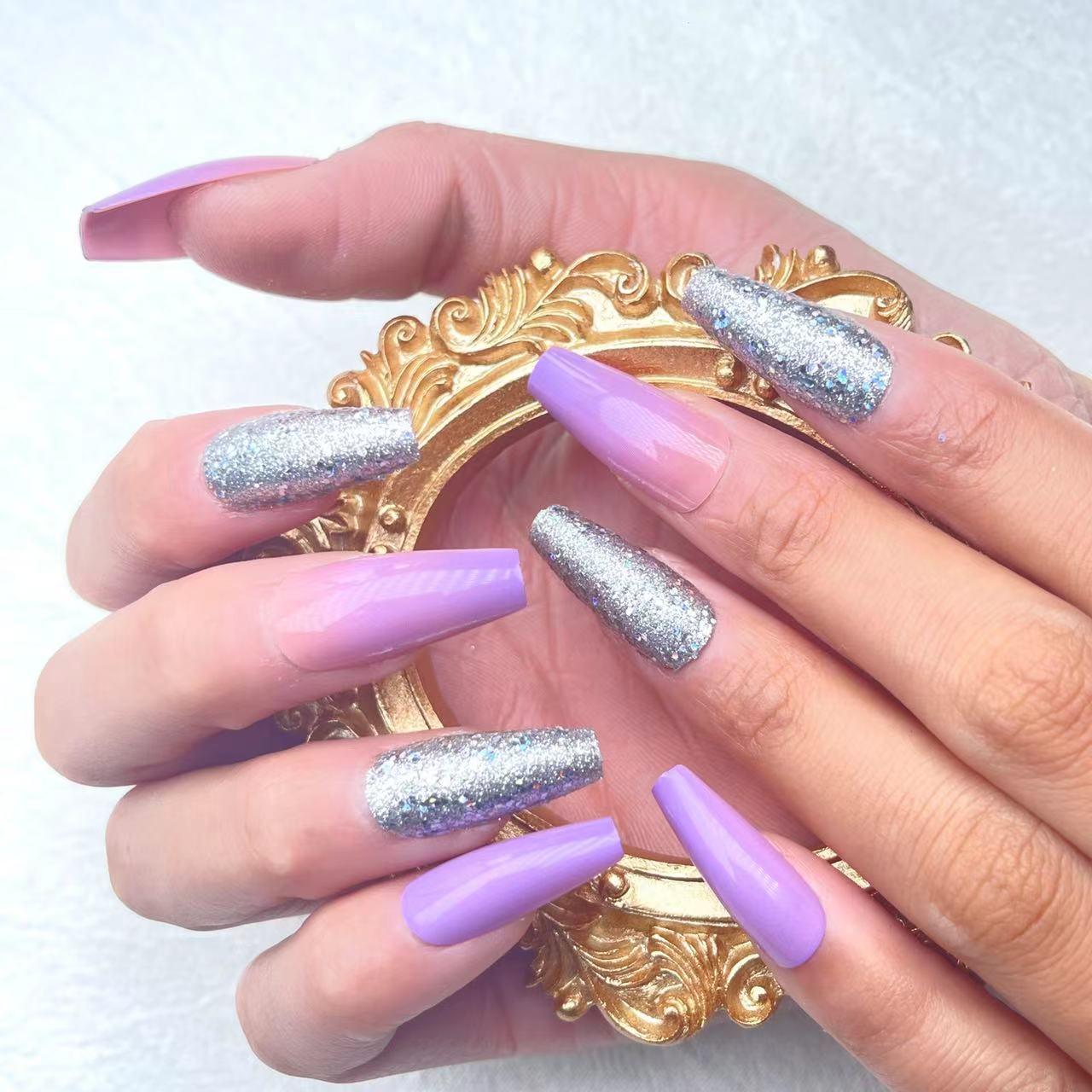 [AUTUMN SALE] Purple Ombre and Silver Sparkly Glitters Mix Long Press On Nails - Belle Rose Nails