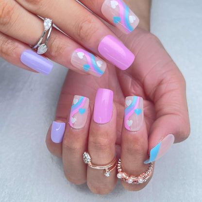 [AUTUMN SALE] Purple Pink Blue Rainbow Hearts Medium Length Press On Nails - Belle Rose Nails