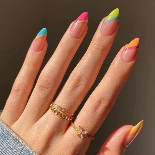 Rainbow Color New Style French Medium Length Nails - Belle Rose Nails