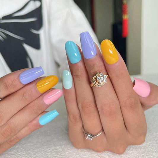 [AUTUMN SALE] Rainbow Macaron Colors Medium Length Press On Nails - Belle Rose Nails
