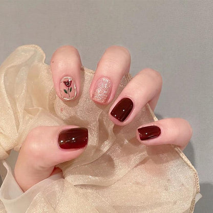 Rose and Glitters Wine Red Short Press On Nails - Belle Rose Nails