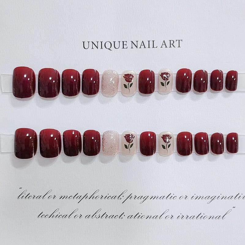 Rose and Glitters Wine Red Short Press On Nails - Belle Rose Nails