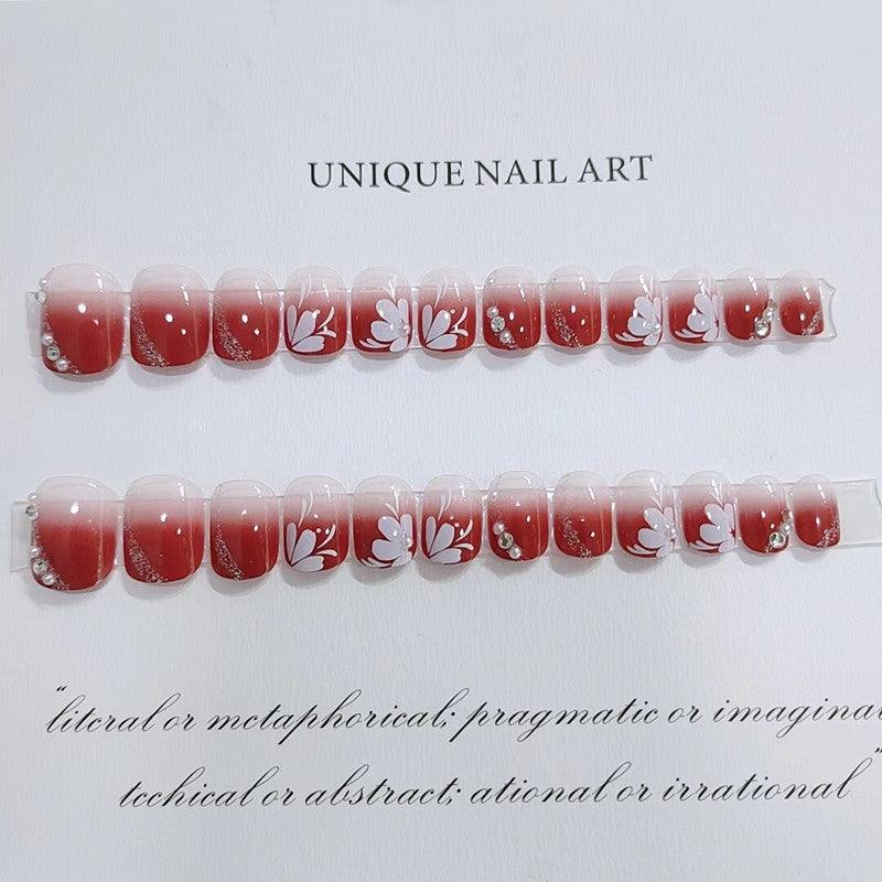[AUTUMN SALE] Sweet Flower Red Ombre Short Press On Nails - Belle Rose Nails
