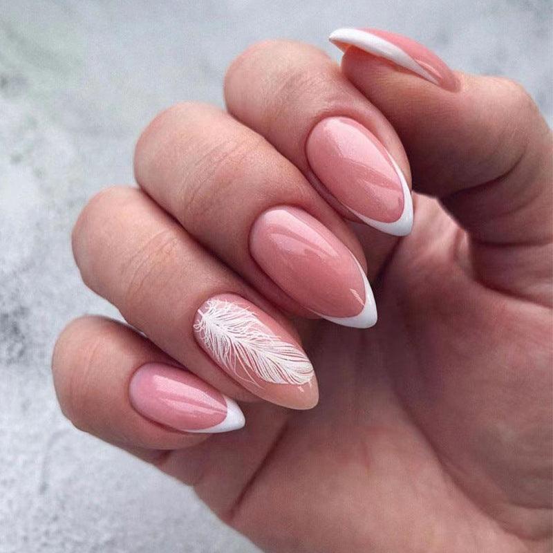 White Feather French Style Medium Length Nails - Belle Rose Nails