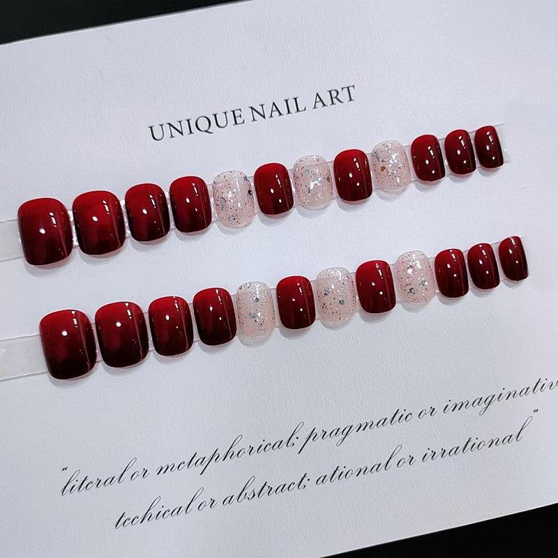 [SPRING MEGA SALE] Wine Red and Rose Gold Glitters Short Press-On Nails - Belle Rose Nails