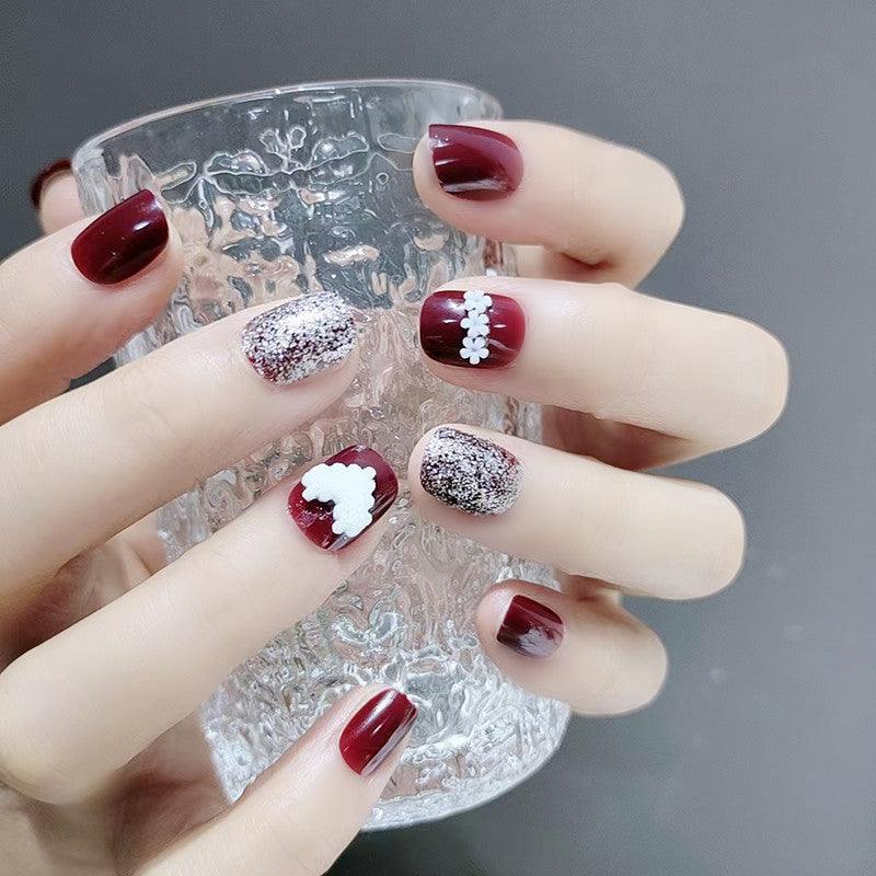 [SPRING MEGA SALE] Wine Red with Heart and Flowers Short Press-On Nails - Belle Rose Nails