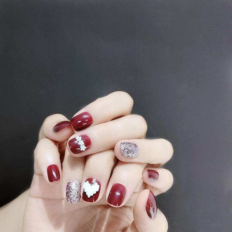[SPRING MEGA SALE] Wine Red with Heart and Flowers Short Press-On Nails - Belle Rose Nails