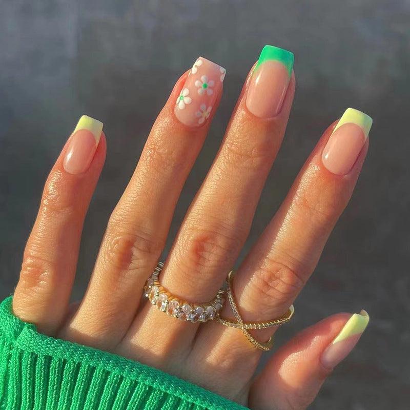 Yellow and Green French Style with Flowers Short Press-On Nails - Belle Rose Nails