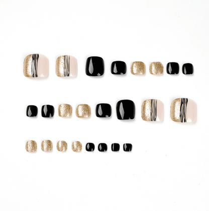Black and Gold Shimmer Glitter Toe Nails Press On Nails - Belle Rose Nails
