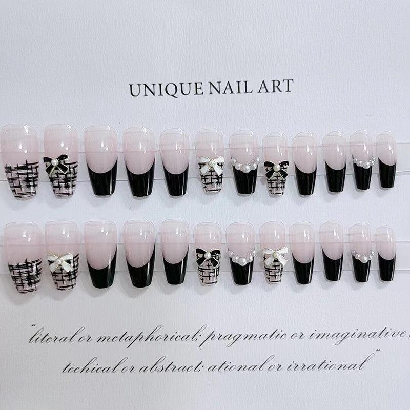 Black and White French Style with Bowtie and Pearls Long Press On Nails - Belle Rose Nails