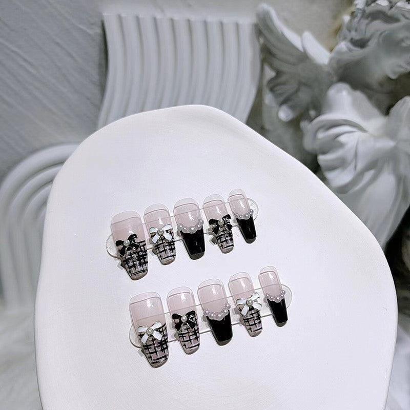 Black and White French Style with Bowtie and Pearls Long Press On Nails - Belle Rose Nails