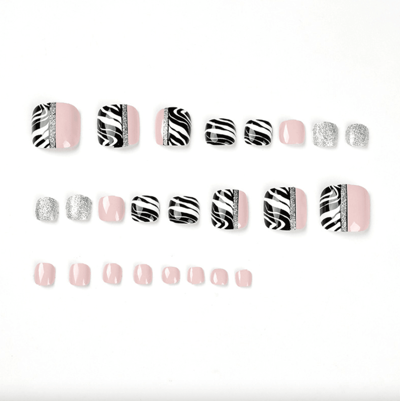 Black and White Stripes Light Milk Pink Collage with Silver Lining Toe Press On Nails - Belle Rose Nails