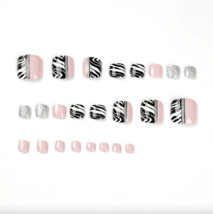 Black and White Stripes Light Milk Pink Collage with Silver Lining Toe Press On Nails - Belle Rose Nails