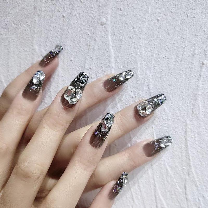Black Muse Diamonds and Glitters Ombre Black Long Press-on Nails - Belle Rose Nails