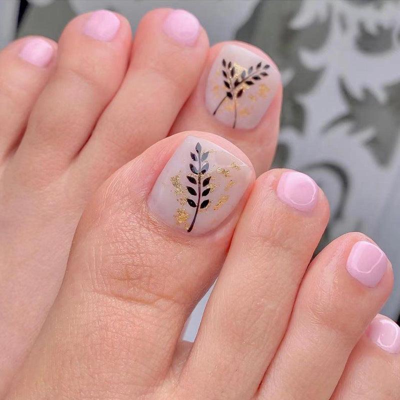Boho Leaves with Gold Foil Light Pale Pink and Nude Toe Press-On Nails - Belle Rose Nails