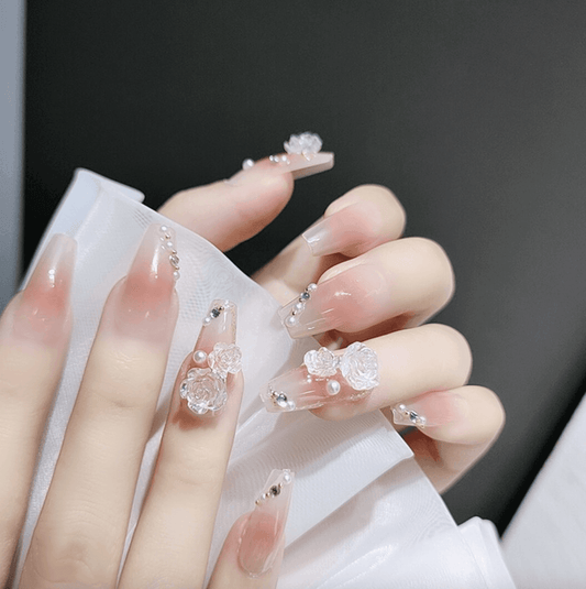 Cherry Blossom Blush Pink and Opaque Ombre with Camellia and Pearls Medium Length Almond Press On Nails - Belle Rose Nails