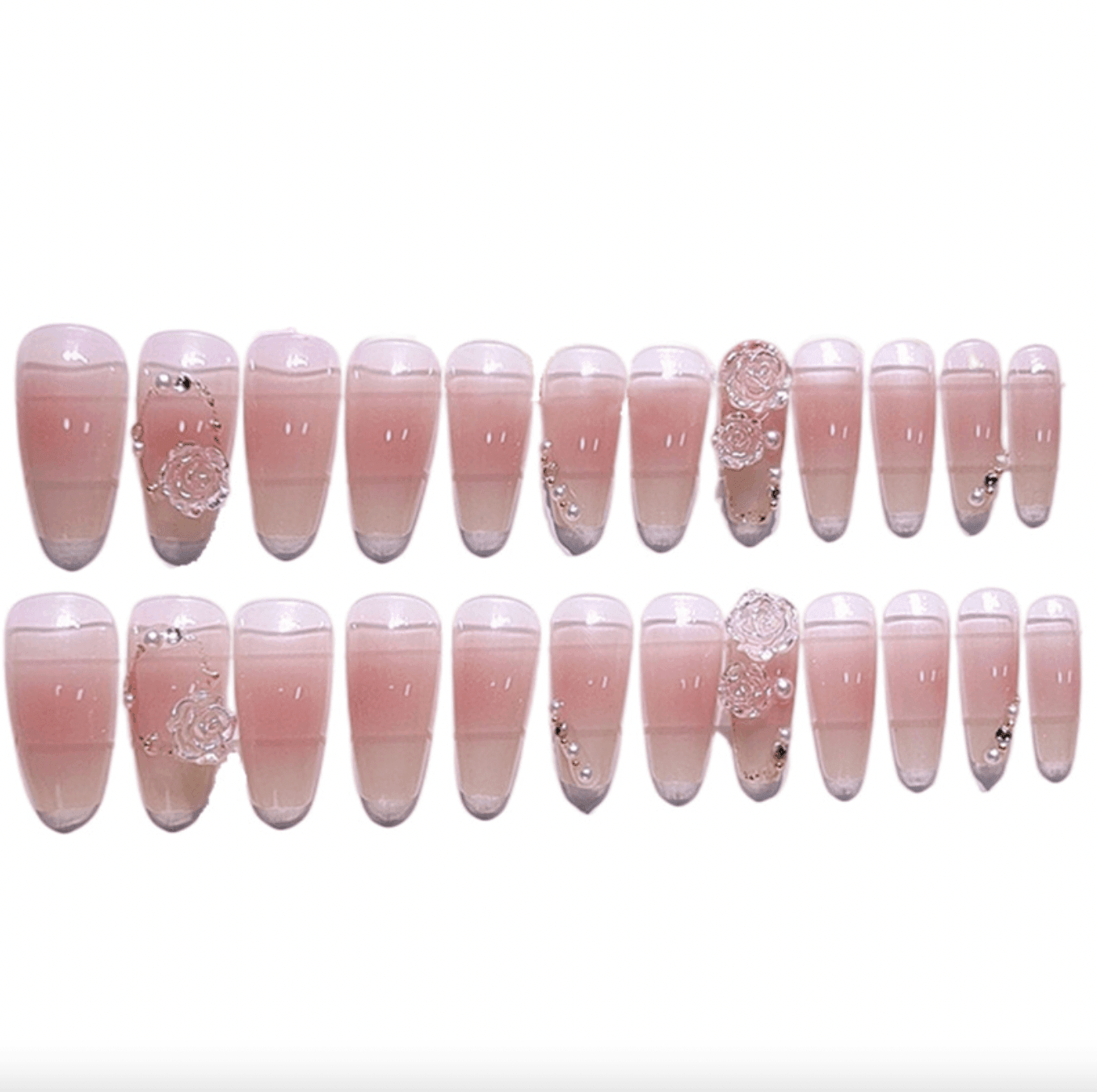 Golden Nails - Pink & White ombré with Rhine stones design