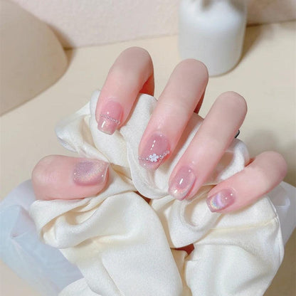 Cherry Blossom Pink with Moonlight Shining Glitter Floral Short Press-On Nails - Belle Rose Nails