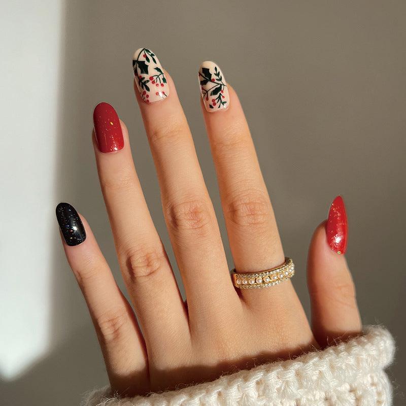 [Christmas 2024] Christmas Glittering Red Green Black Boho Leaves Medium Length Press-On Nails