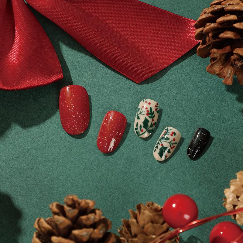 [Christmas 2024] Christmas Glittering Red Green Black Boho Leaves Medium Length Press-On Nails