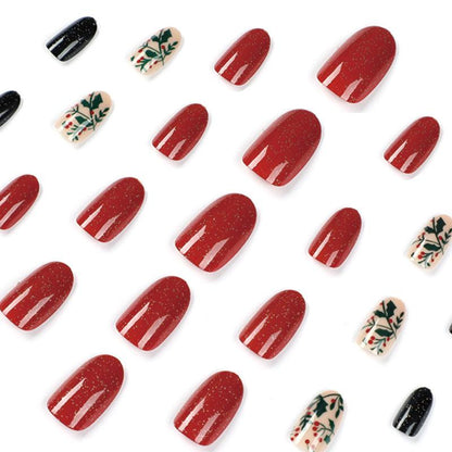 [Christmas 2024] Christmas Glittering Red Green Black Boho Leaves Medium Length Press-On Nails