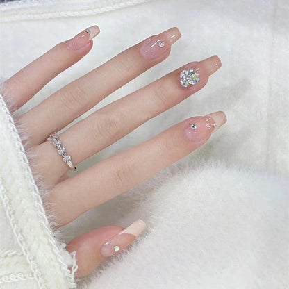 Cream Pale Pink French with Faux Diamonds Long Press On Nails - Belle Rose Nails