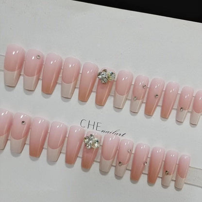 Cream Pale Pink French with Faux Diamonds Long Press On Nails - Belle Rose Nails