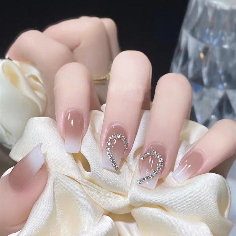 Cream Rose and White Ombre with Sparkly Hearts Medium Length Press-On Nails - Belle Rose Nails