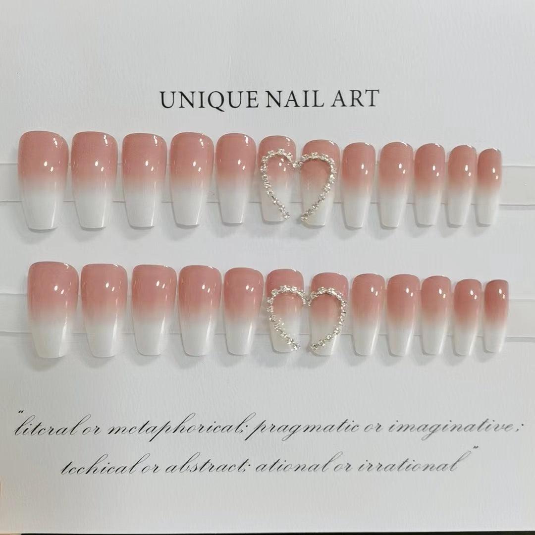 Cream Rose and White Ombre with Sparkly Hearts Medium Length Press-On Nails - Belle Rose Nails