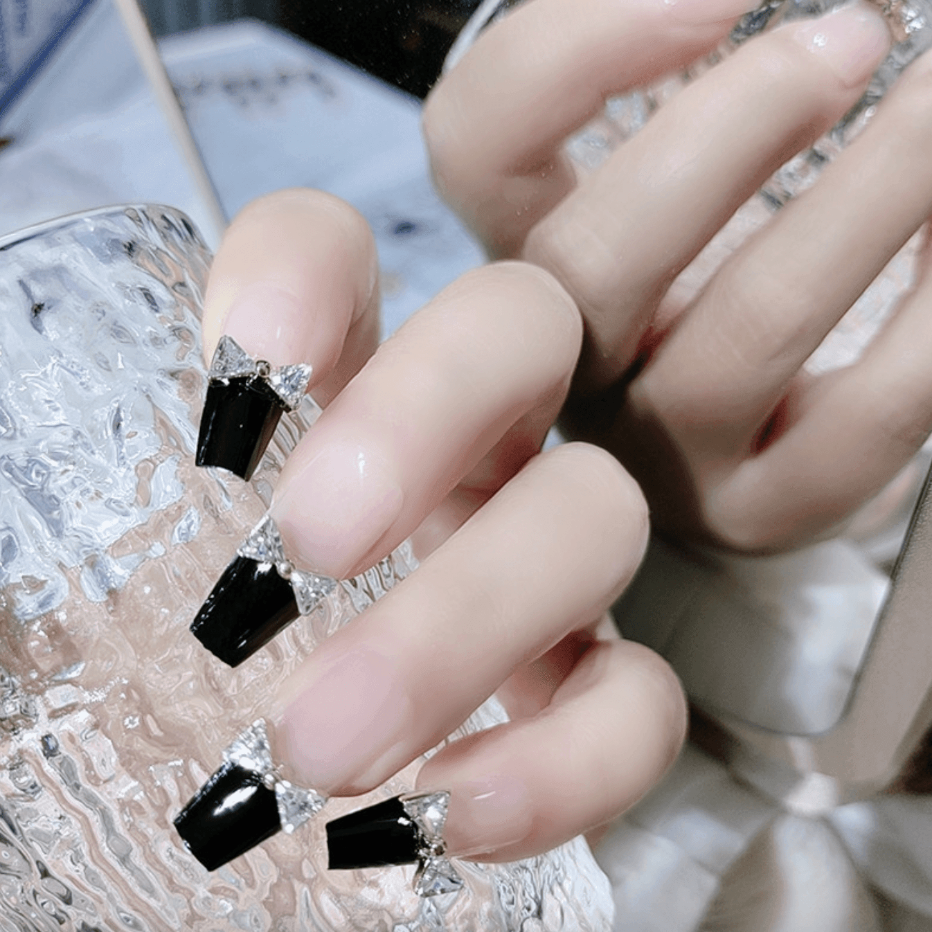 Elegance Black and Nude French with Bowtie Press On Nails - Belle Rose Nails