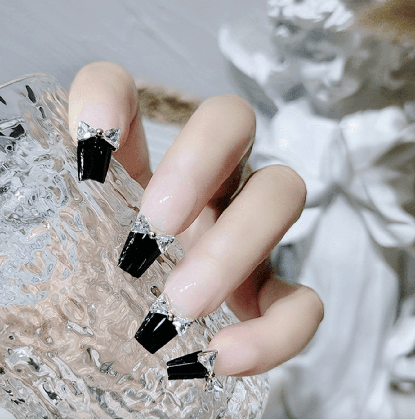 Elegance Black and Nude French with Bowtie Press On Nails - Belle Rose Nails