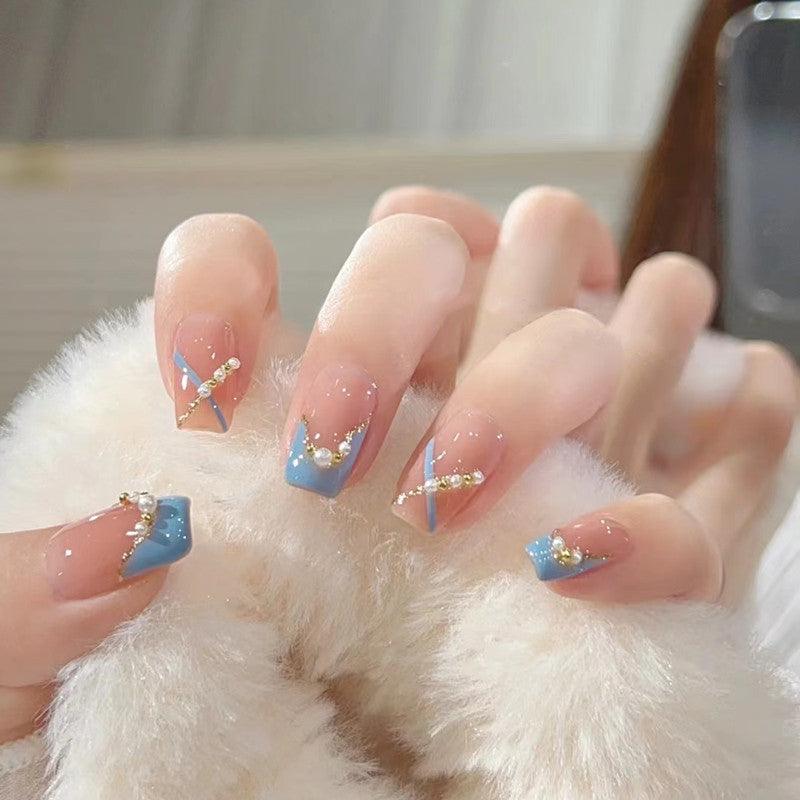 Elegant Blue French and Cross Style with Faux Pearls Medium Length Press On Nails - Belle Rose Nails