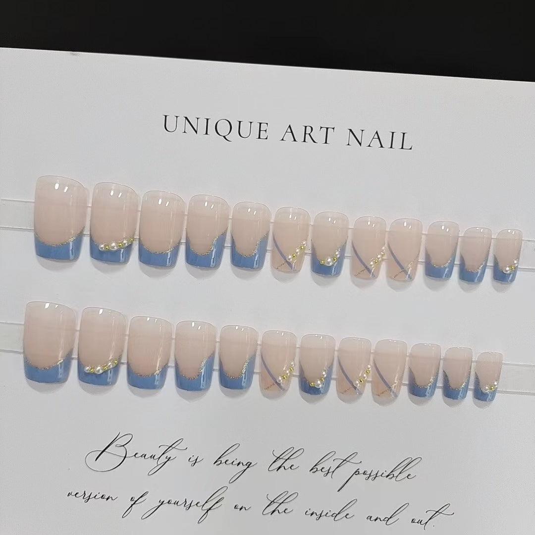 Elegant Blue French and Cross Style with Faux Pearls Medium Length Press On Nails - Belle Rose Nails
