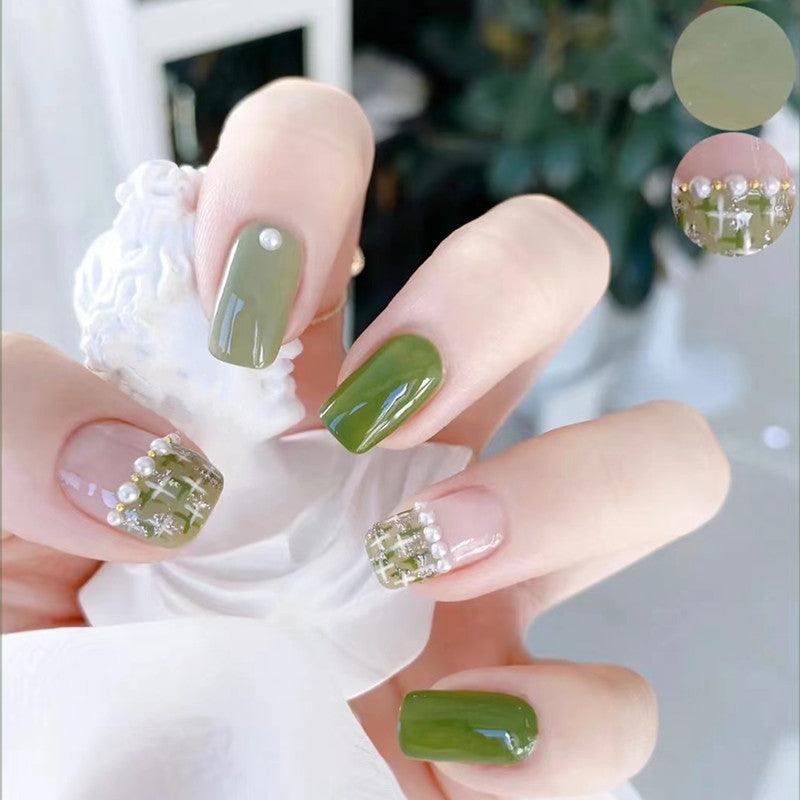 Elegant Cream Green French Style with Faux Pearls Medium-Length Press On Nails - Belle Rose Nails