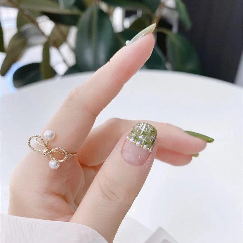 Elegant Cream Green French Style with Faux Pearls Medium-Length Press On Nails - Belle Rose Nails