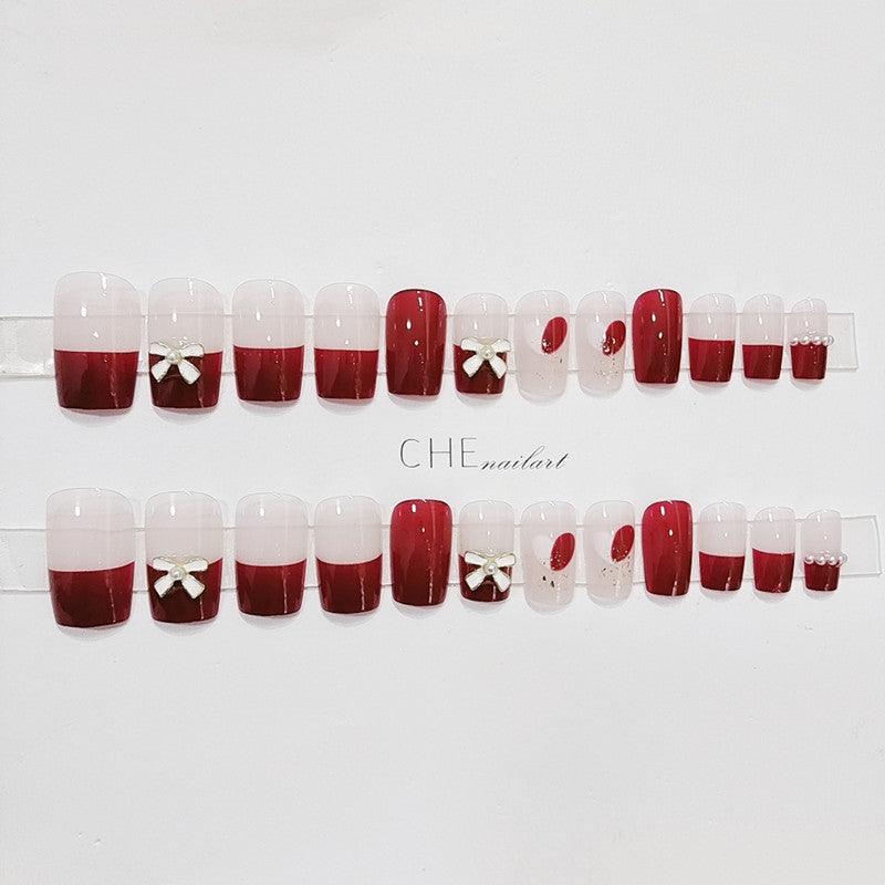 Elegant Red French with Bowtie Medium Length Press-On Nails - Belle Rose Nails