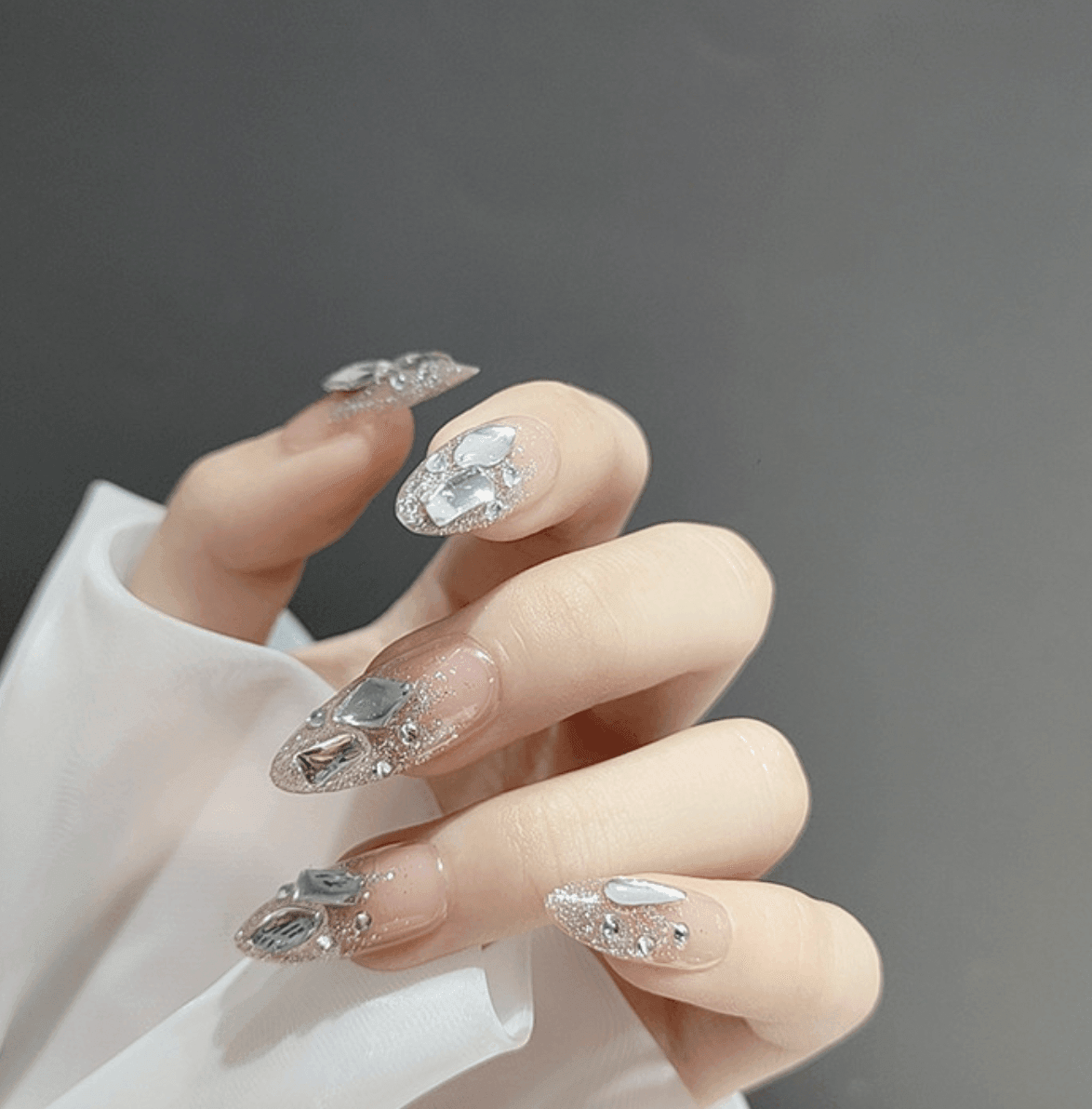 Full Diamond Pink Opaque Nude Almond Shape Press On Nails – Belle