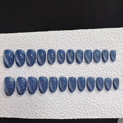 Blue Moonlight Glittering Cat Eye Press-On Nails-Medium; Short - Belle Rose Nails