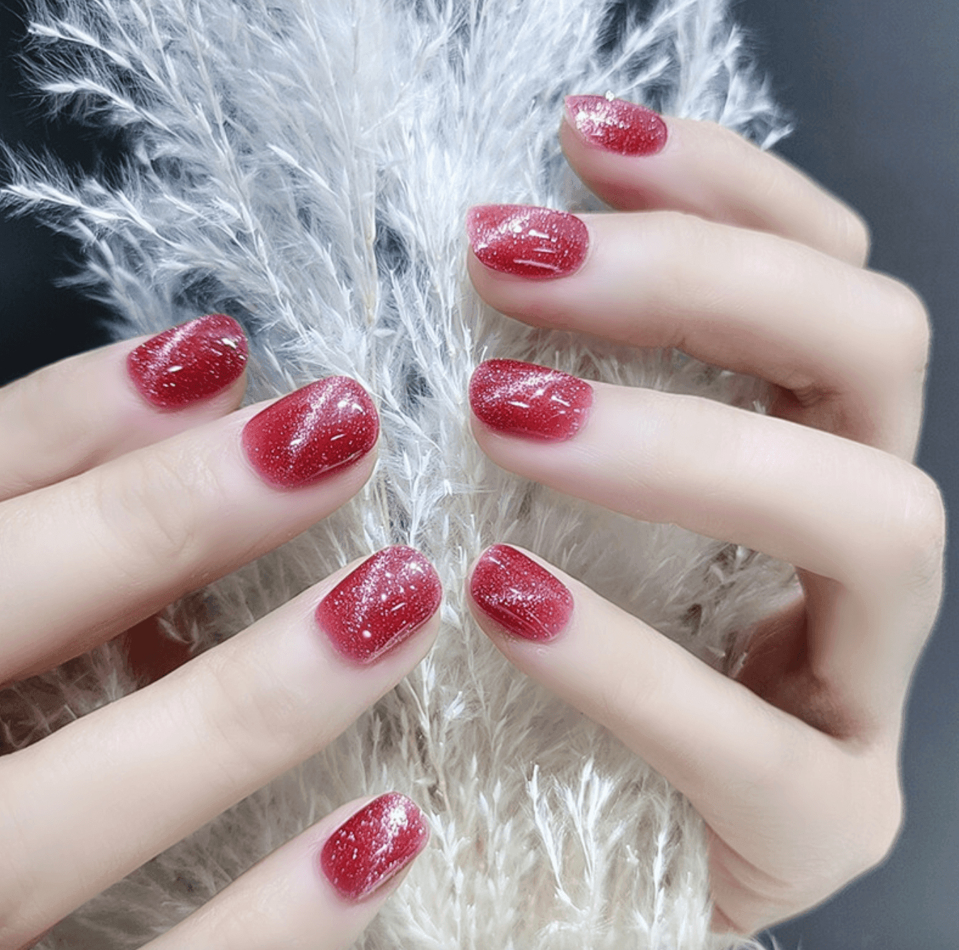 Cat Eye Moonlight Glitter Raspberry Red Short Press On Nails - Belle Rose Nails
