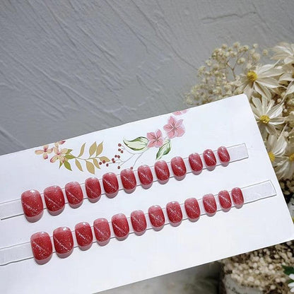 Cat Eye Moonlight Glitter Raspberry Red Short Press On Nails - Belle Rose Nails