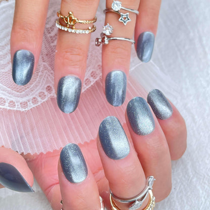 [FULL SET GLITTERING] Gems Glitter Diamond Grey Starry Night Short Round Press On Nails - Belle Rose Nails