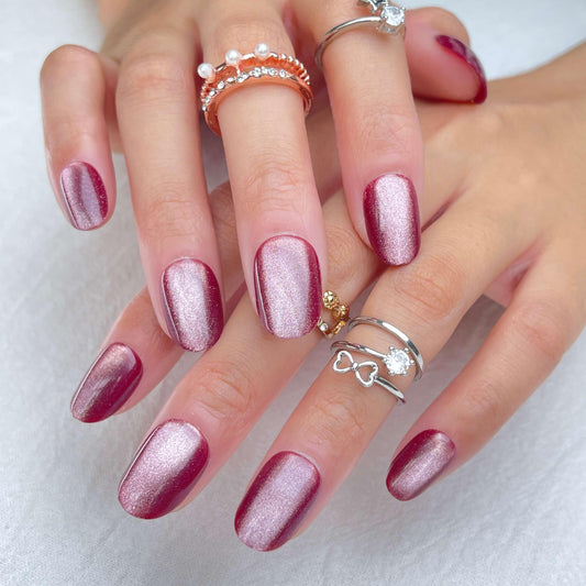 [FULL SET GLITTERING] Gems Glitter Lotus Pink Short Round Press On Nails - Belle Rose Nails