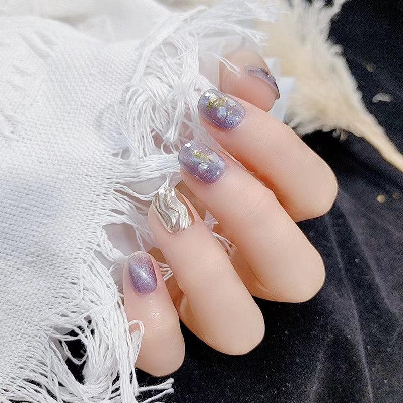 [FULL SET GLITTERING] Mermaid’s Tears Moonlight Glittering Purple with Shell Shatters Short Press On Nails - Belle Rose Nails