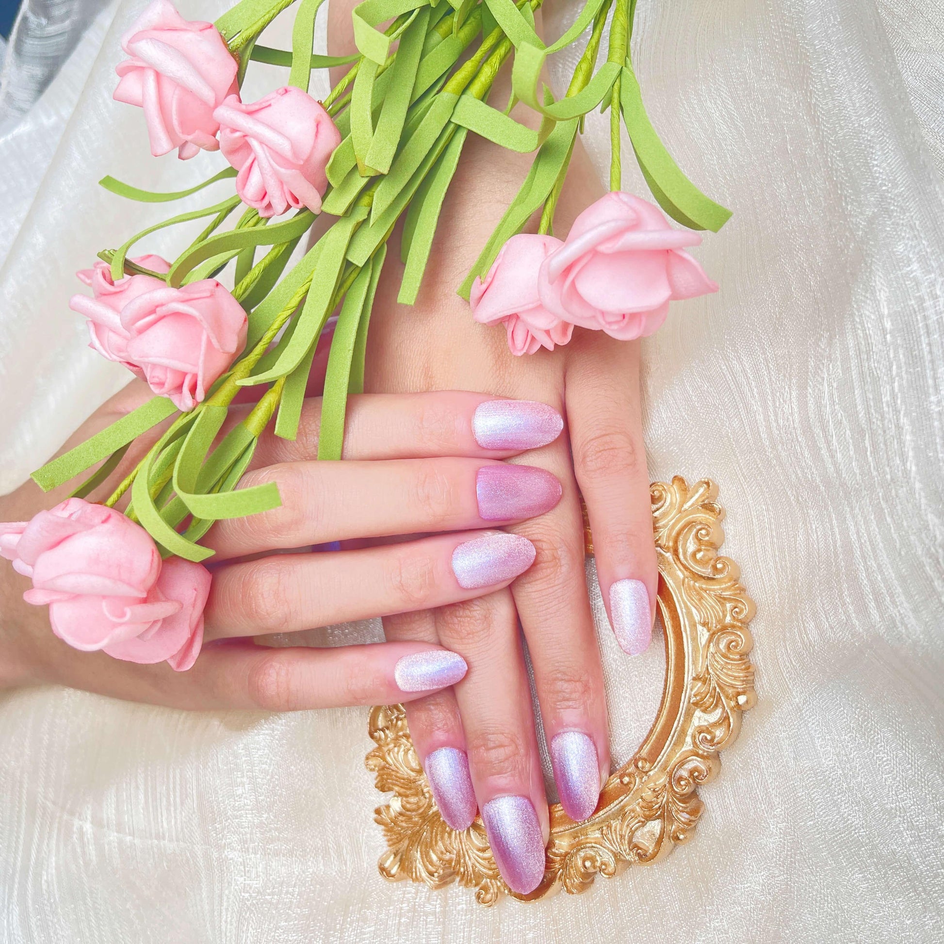 [FULL SET GLITTERING] Moonlight Glittering Lotus Pink Medium Length Press On Nails - Belle Rose Nails