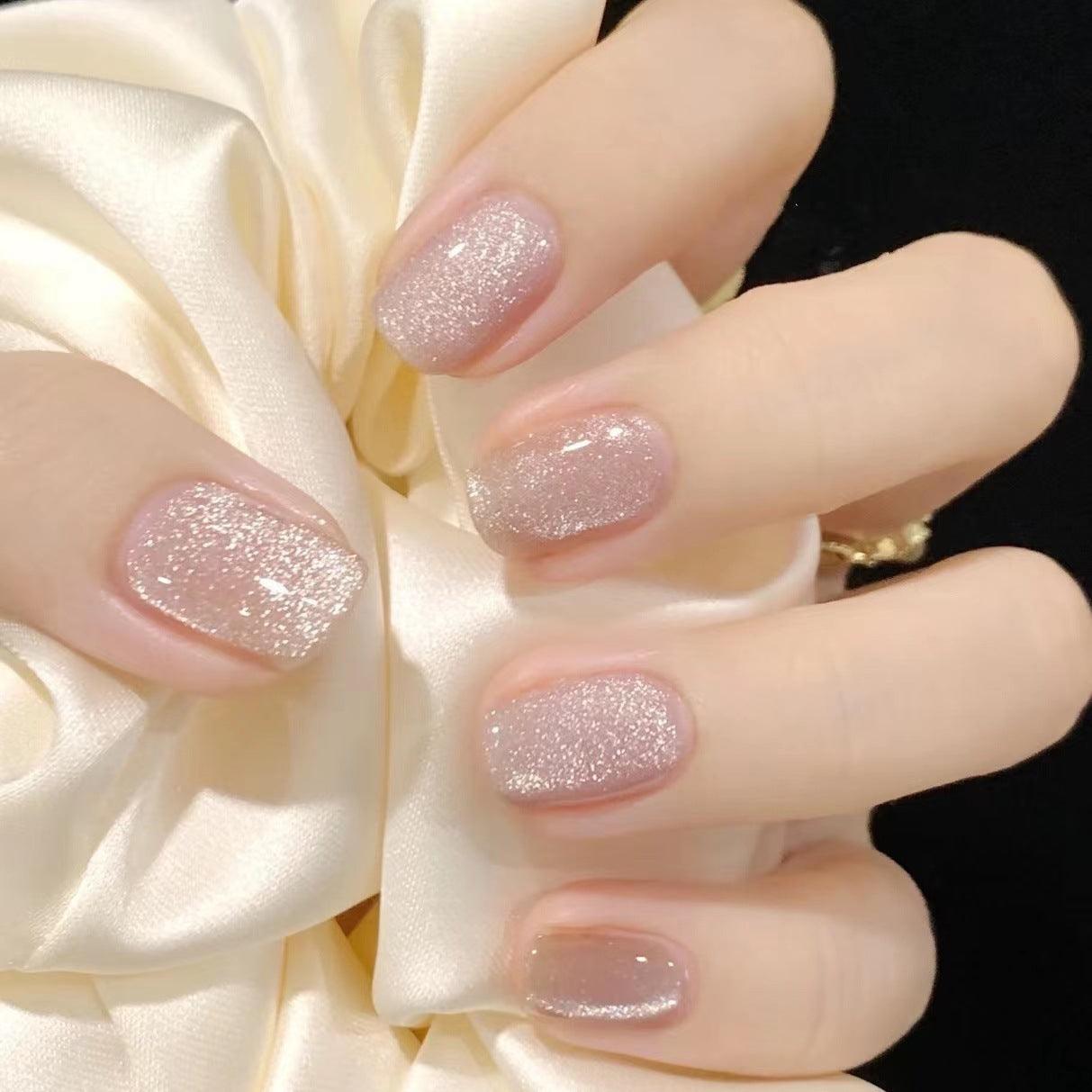 [FULL SET GLITTERING] Moonlight Glittering Neutral Pale Pink Short Length Press On Nails - Belle Rose Nails