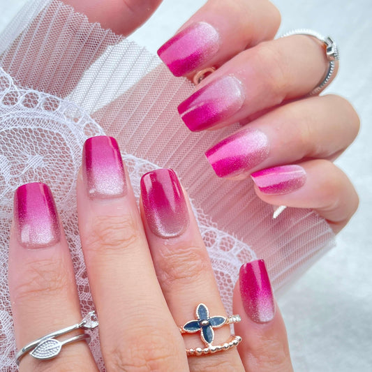 [FULL SET GLITTERING] Moonlight Glittering Princess Hot Pink Ombre Medium Length Press On Nails - Belle Rose Nails