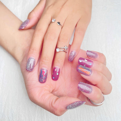 [FULL SET GLITTERING] Moonlight Glittering Purple and Moon Medium Short Press On Nails - Belle Rose Nails